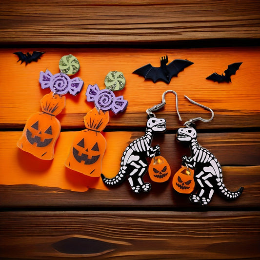Pendientes con forma de calavera acrílica, dinosaurio y calabaza de Halloween, para mujer, con diseño geométrico y de muñeca