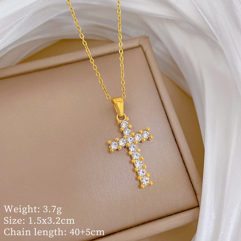 Collana pendente con croce geometrica minimalista in acciaio al titanio con placcatura in oro e zirconi cubici per donne e uomini