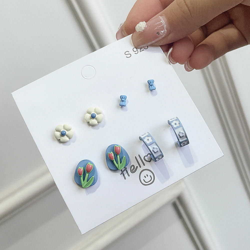 Sweet Geometric Floral Ceramic Stud Earrings with Stainless Steel Posts