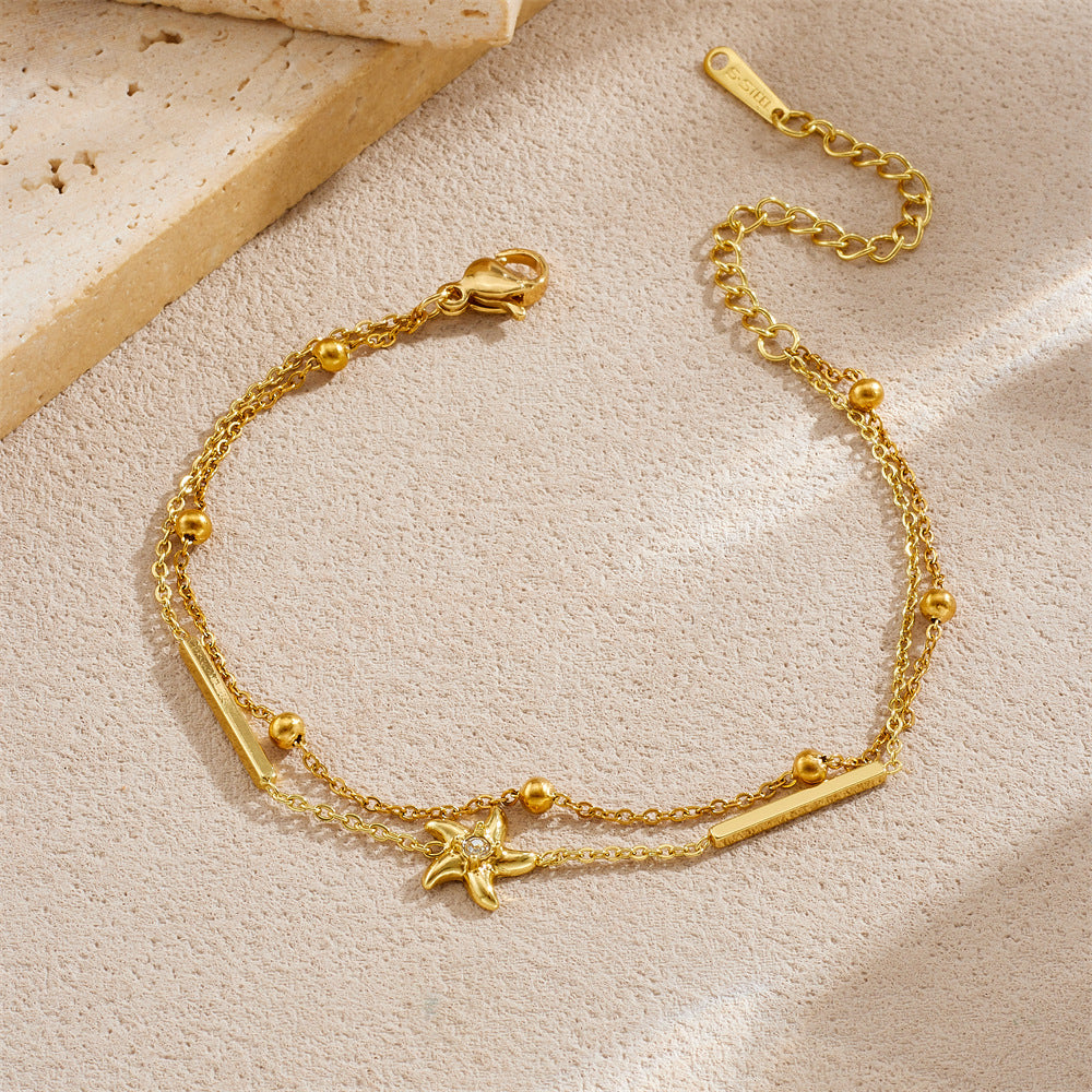 Fashion Elegant Star Rhinestone Gold Plated Stainless Steel Irregular Layered Bracelet for Women