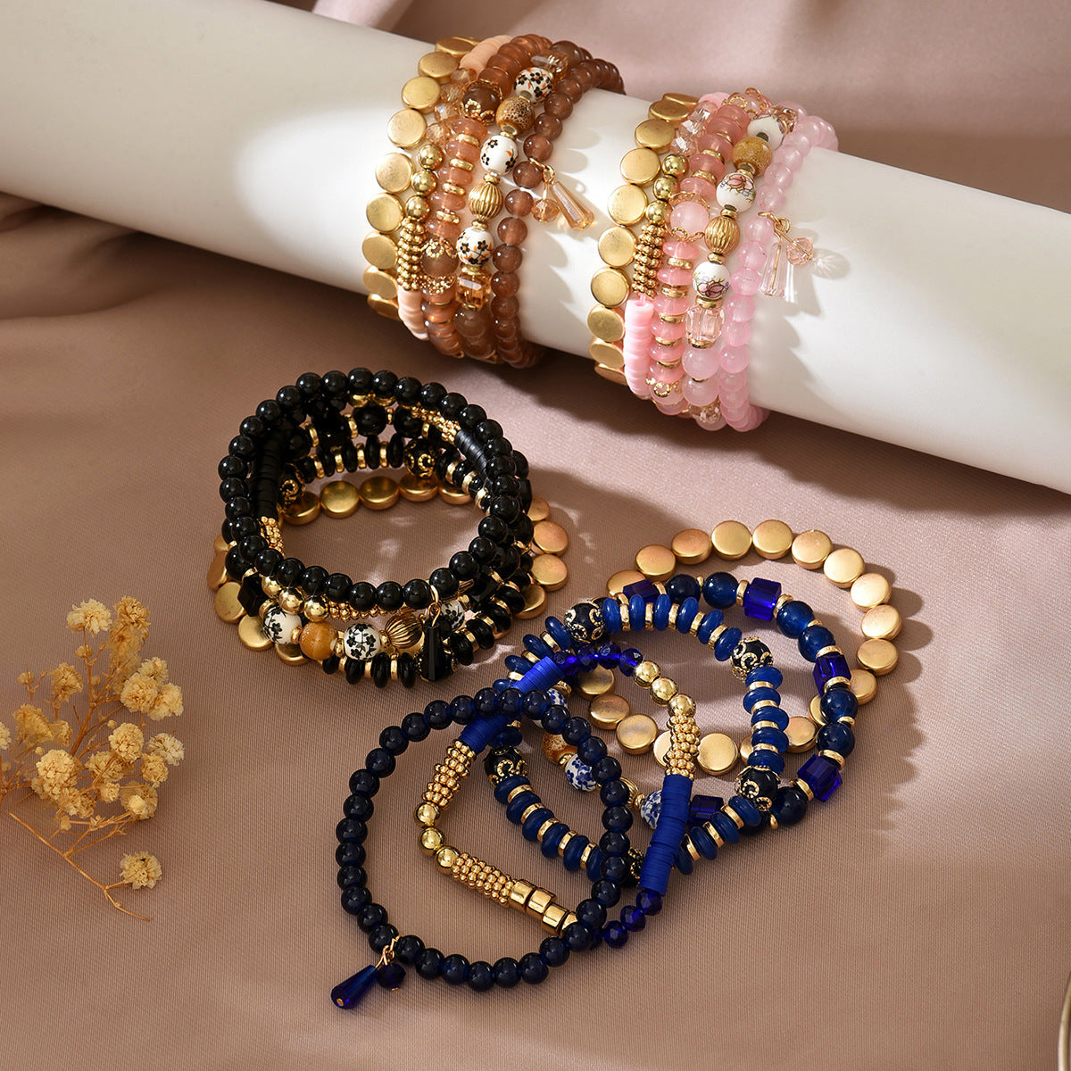 Bohemian Multi-Layer Crystal Acrylic Beaded Stretch Bracelet for Women