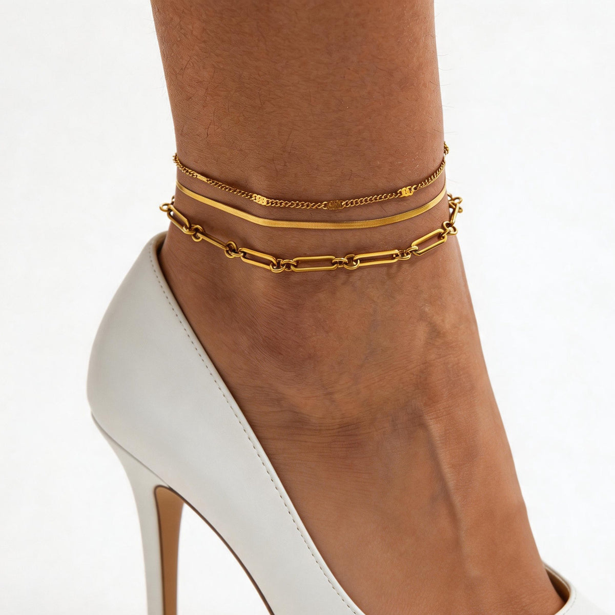 Minimalist Geometric Stainless Steel Snake Chain Anklet 18K Gold Plated