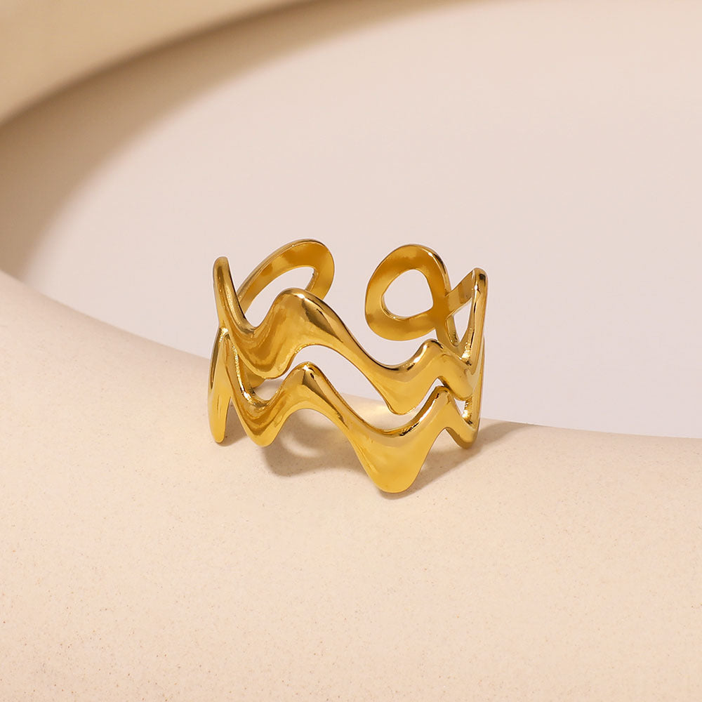Anello irregolare a doppio strato ondulato geometrico in acciaio inossidabile con finitura placcata per gioielli di moda unisex