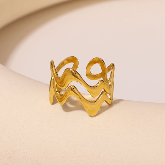 Irregular Double-Layer Wavy Geometric Stainless Steel Ring with Plated Finish for Unisex Fashion Jewelry