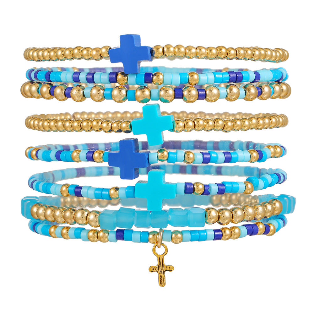 Colorful Seed Bead and Soft Pottery Cross Bracelet Handmade Multi-Layer Stacked Beach Jewelry for Women and Men