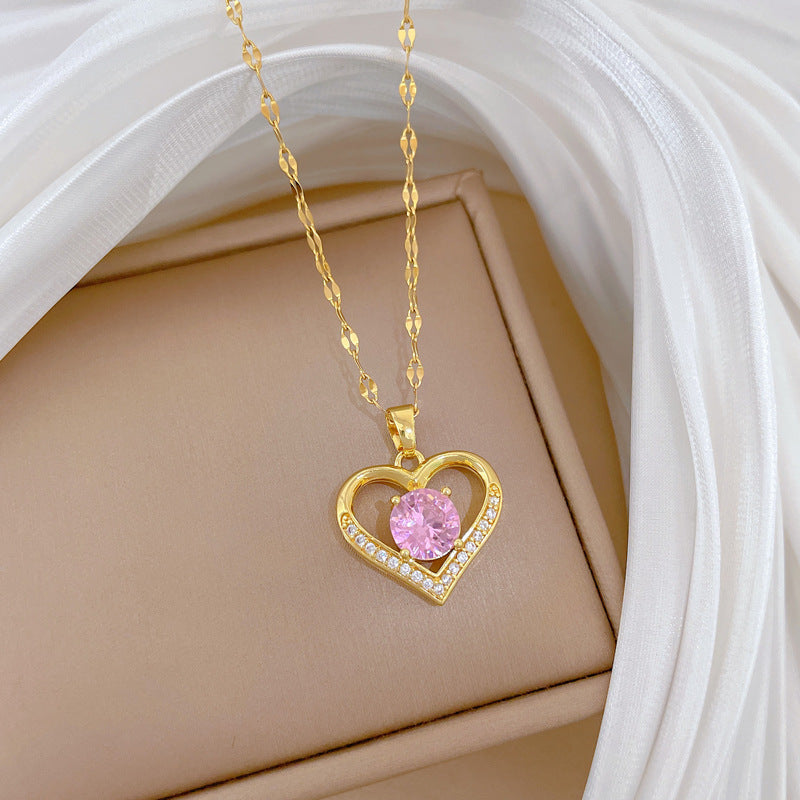Minimalist Sweet Heart Geometric Titanium Steel Necklace with Rhinestone Inlay Brass Pendant for Women