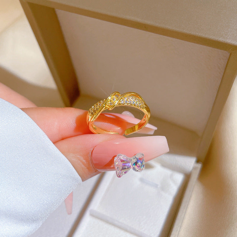 Luxury Minimalist Gold-Plated Brass Twist Ring for Women with Crown Shape and Delicate Micro-Pave Detailing