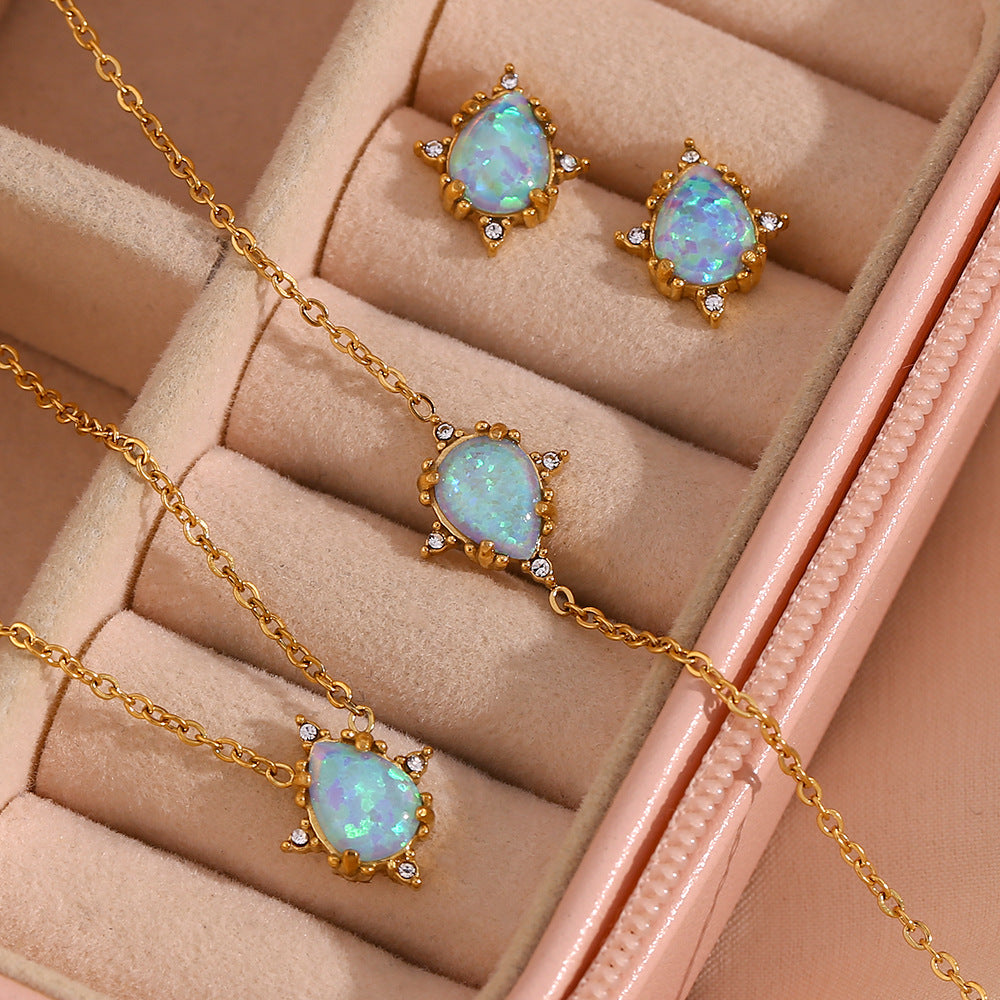 Fashionable Vintage-Style Geometric Drop-Shaped Opal Pendant Necklace with Gold-Plated Stainless Steel Chain for Women