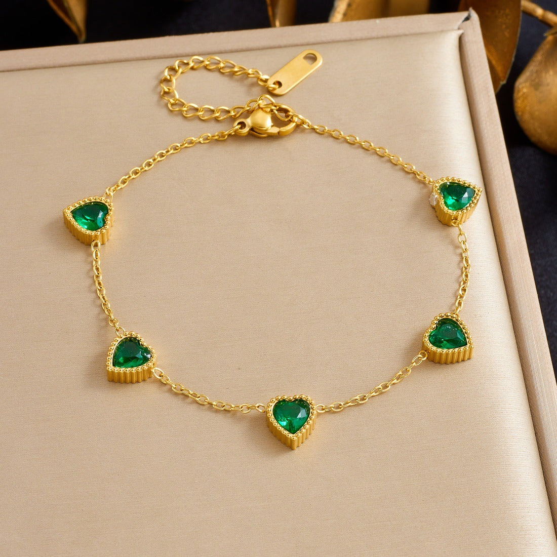 Colorful Rhinestone Heart Plated Stainless Steel Bracelet for Women