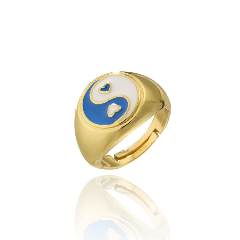 Colorful Drip Oil Heart Geometric Brass Ring with 18K Gold Plating Adjustable