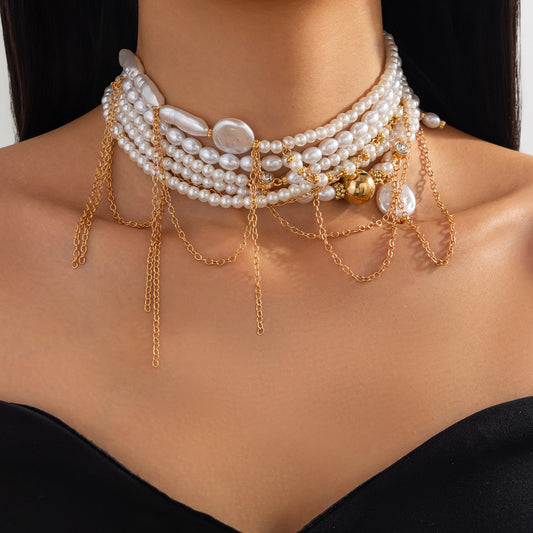 Vintage-Style Geometric Multi-Layer Pearl-Imitation Choker Necklace with Tassel and Beaded Chain for Women