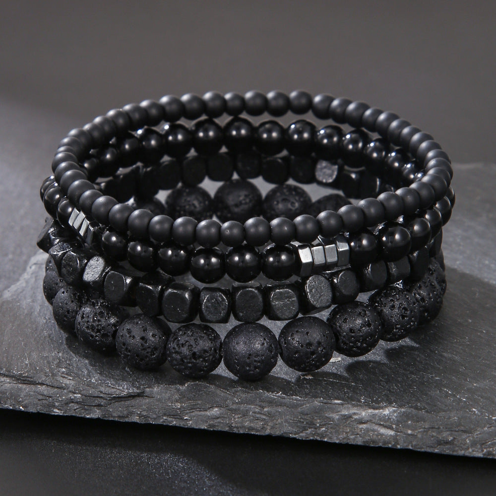 Men's Multi-Layer Matte Hematite Lava Stone Wood Bead Bracelet Set Geometric Round Elastic Band