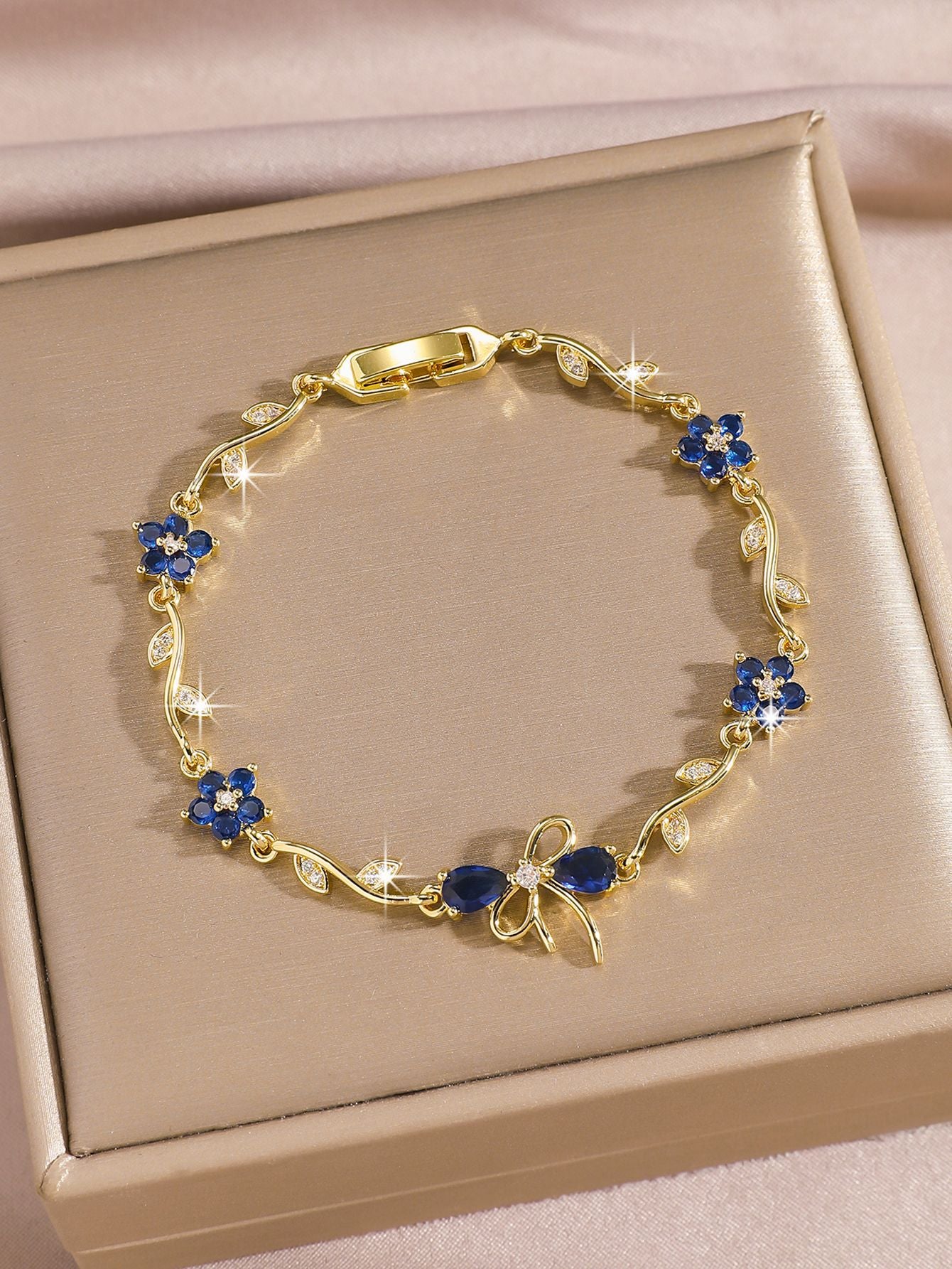 Luxury Gold Plated Brass Leaf Bracelet with Cubic Zirconia Inlay Unisex Floral Design