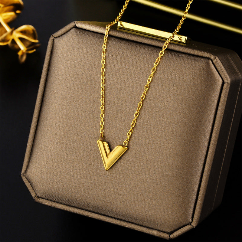 Minimalist Luxe V-Shaped Pendant Necklace for Women in Titanium Steel with Gold Plating Snake Chain