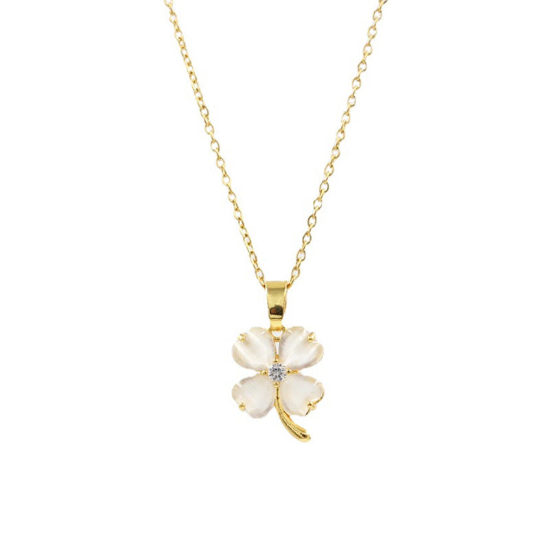 Collana con pendente di lusso minimalista a quadrifoglio da donna in acciaio al titanio con intarsio in oro su catena a perline