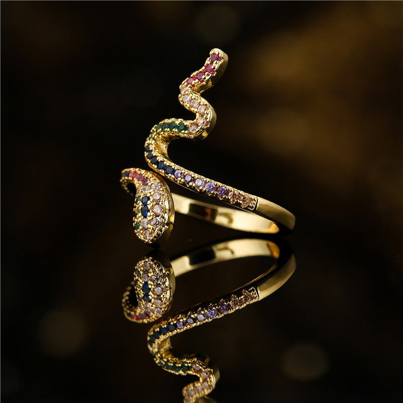 Anello aperto unisex in rame con zirconi cubici micro-incastonati a forma di serpente geometrico stile INS