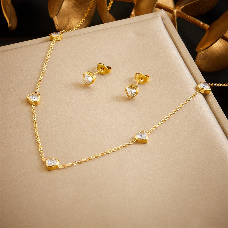Transparent Heart Charm Stainless Steel Plated Bracelet Earrings Necklace Set for Women Fashion Office Commute Jewelry