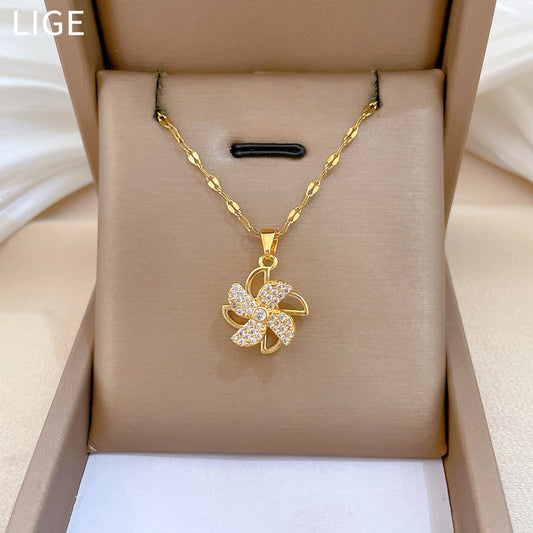 Sweet Geometric Rhinestone Windmill Pendant Necklace Titanium Steel Cable Chain for Unisex