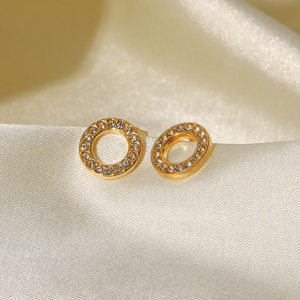 Women's Titanium Steel Geometric White Hollow Round Cubic Zirconia Stud Earrings with 18K Gold Plating