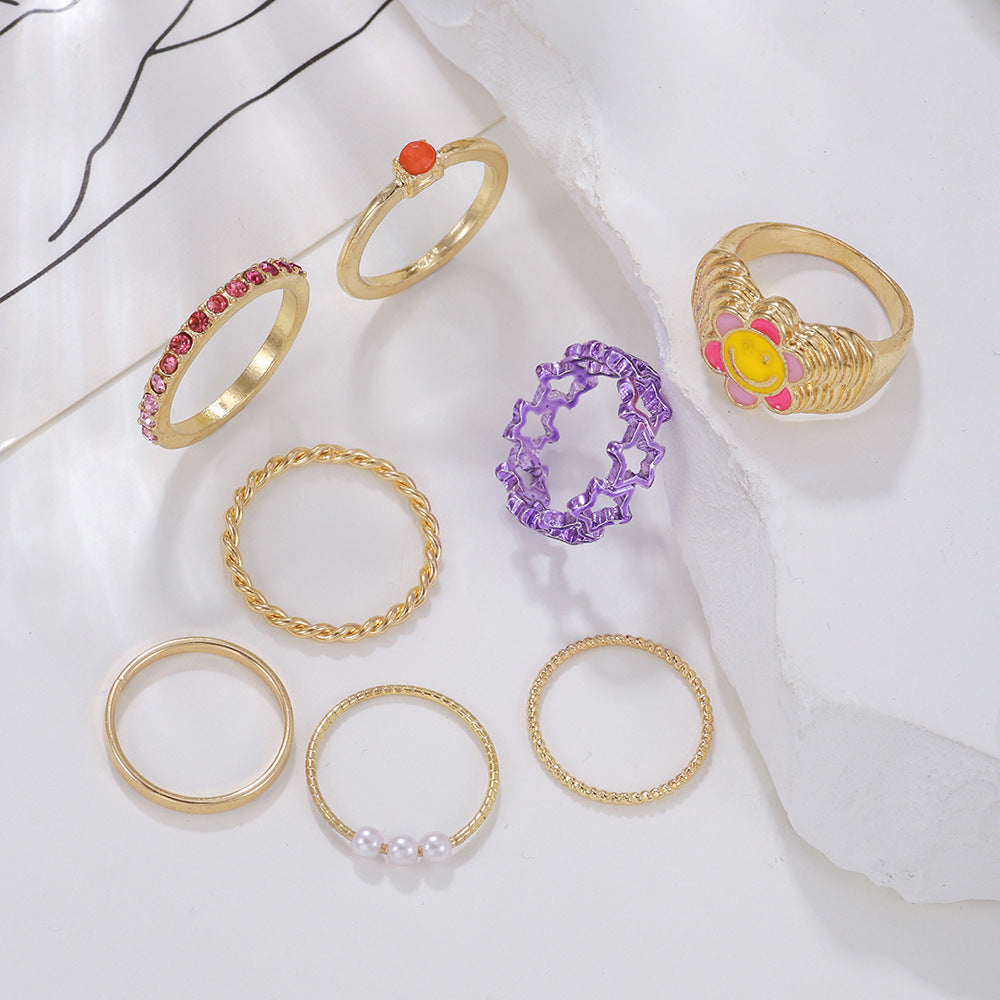 Sweet Geometric Alloy Ring Set with Drip Oil Smile Face, Crystal and Pearl Inlay