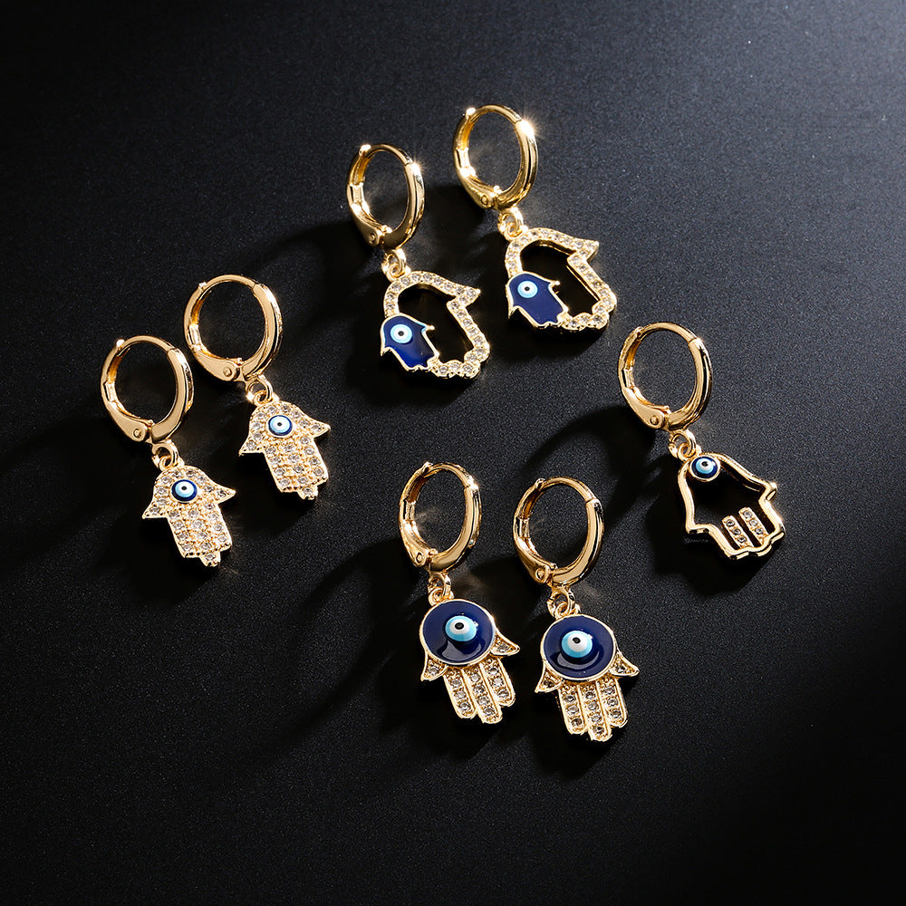 Minimalist Fatima Hand Earrings for Women in Copper with 18K Gold Plating and Zircon Inlay