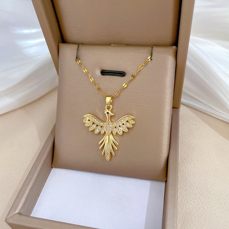 Collana da donna con ciondolo a fenice di lusso con strass, catena in acciaio al titanio, elegante collana clavicola dal design geometrico