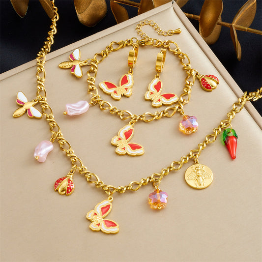 Minimalist Drip Oil Plated Stainless Steel Butterfly and Round Pendant Jewelry Set with Cable Chain for Women