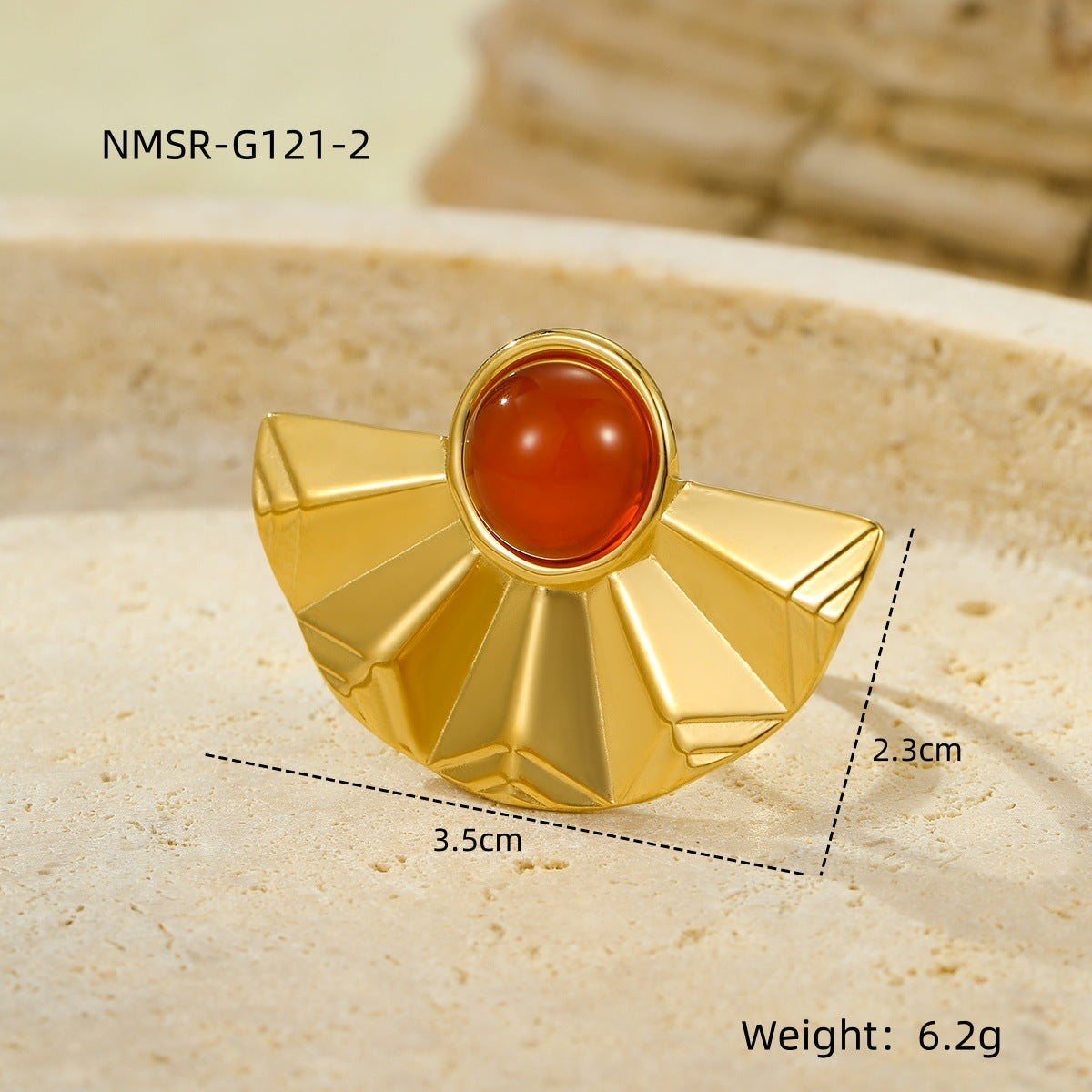 Anello vintage da donna in acciaio inossidabile placcato oro 18 carati con design geometrico a ventaglio e intarsio in pietra naturale