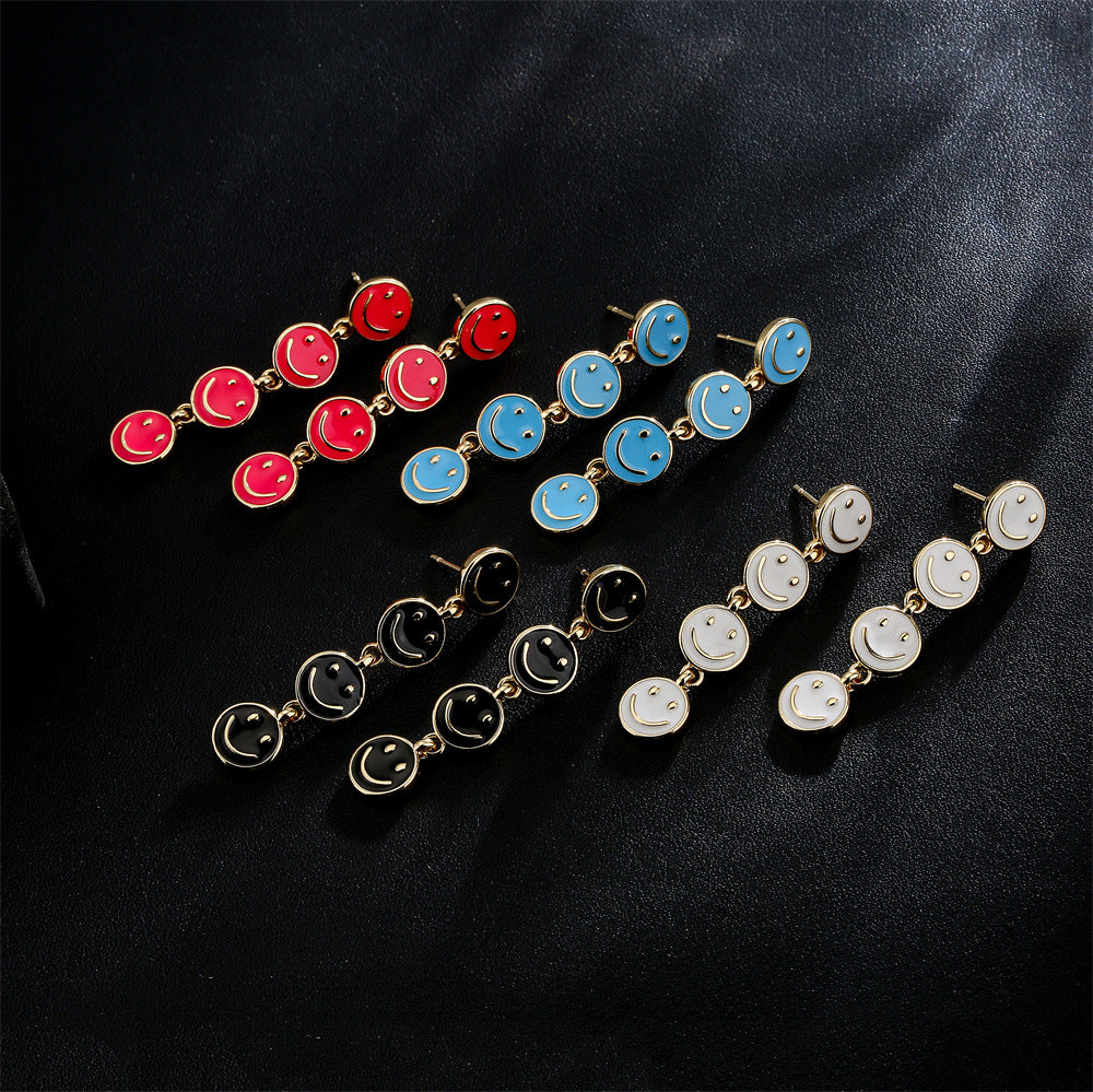 Original Design Geometric Copper Earrings with Enamel Smile Charm for Women