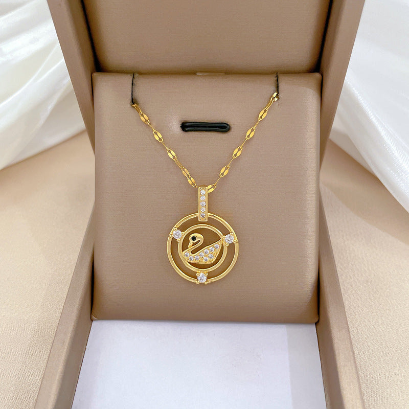 Minimalist Geometric Duck Pendant Necklace in Titanium Steel with Rhinestone Accents for Women and Men