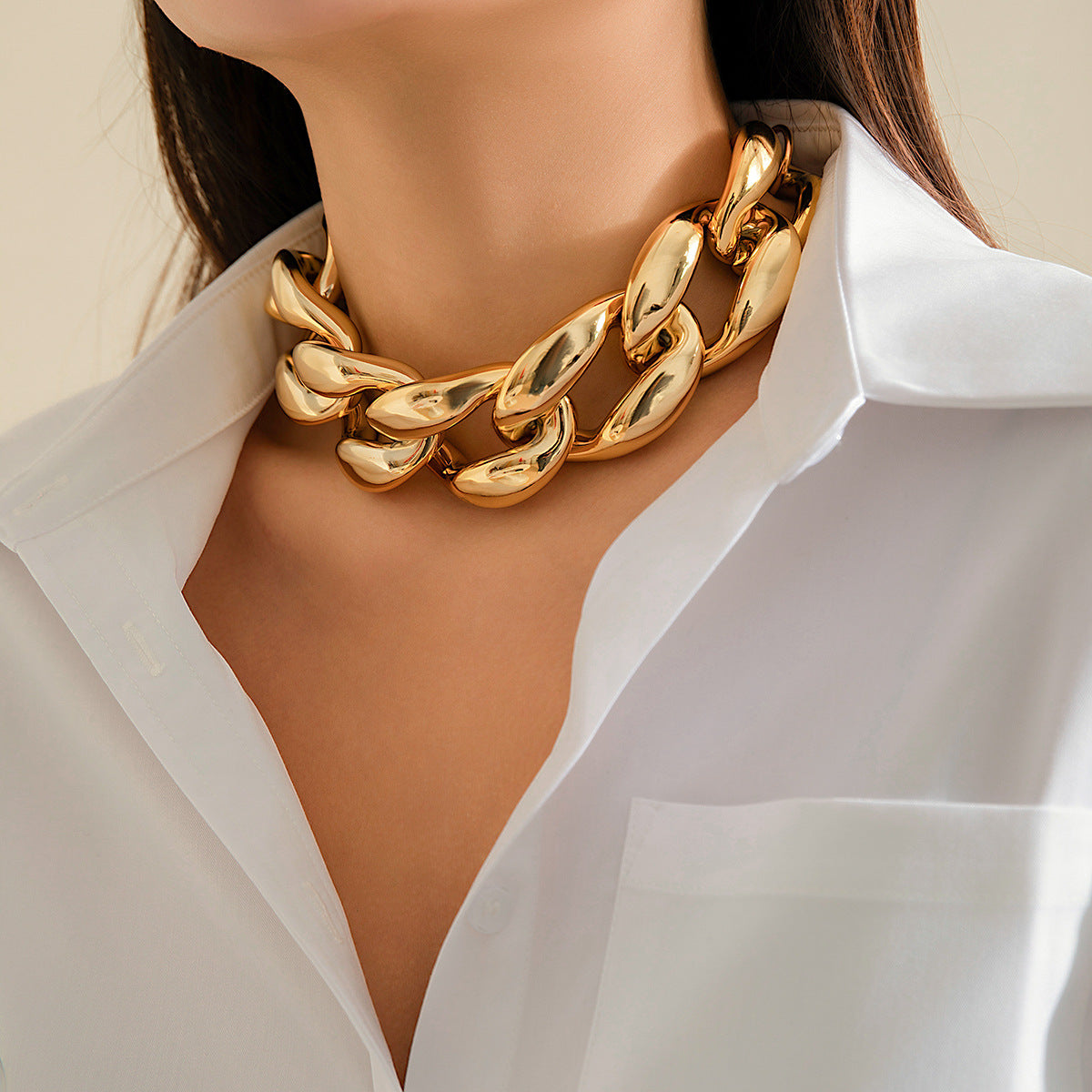 Hip-hop Punk Geometric Oval Alloy Plated Pendant Singapore Chain Necklace for Women
