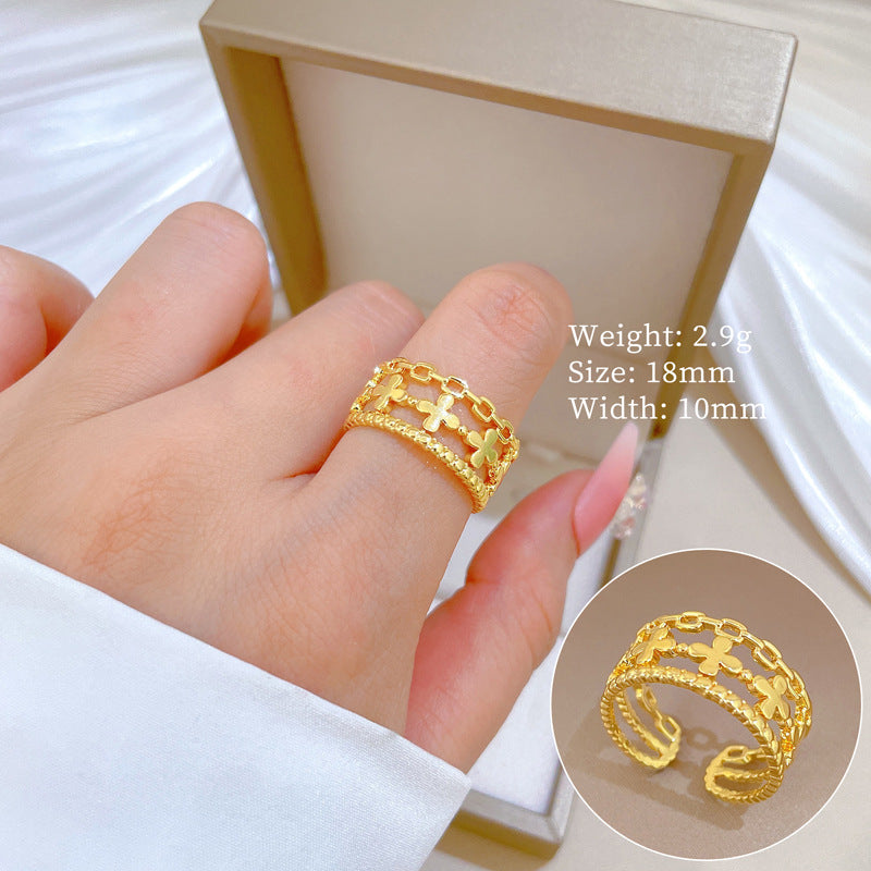 Minimalist Sweet Gold Plated Brass Plant Ring Adjustable Open Band for Couples