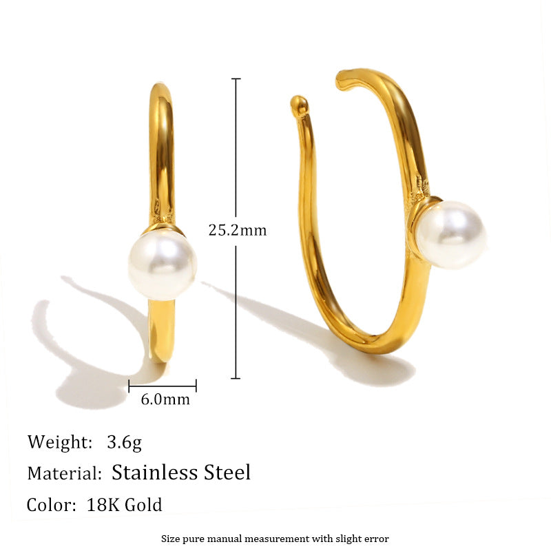 Elegant French-Style Stainless Steel Earrings with 18K Gold Plating, Rolled Edge Design, Faux Pearl Floral Motif, Geometric Shape