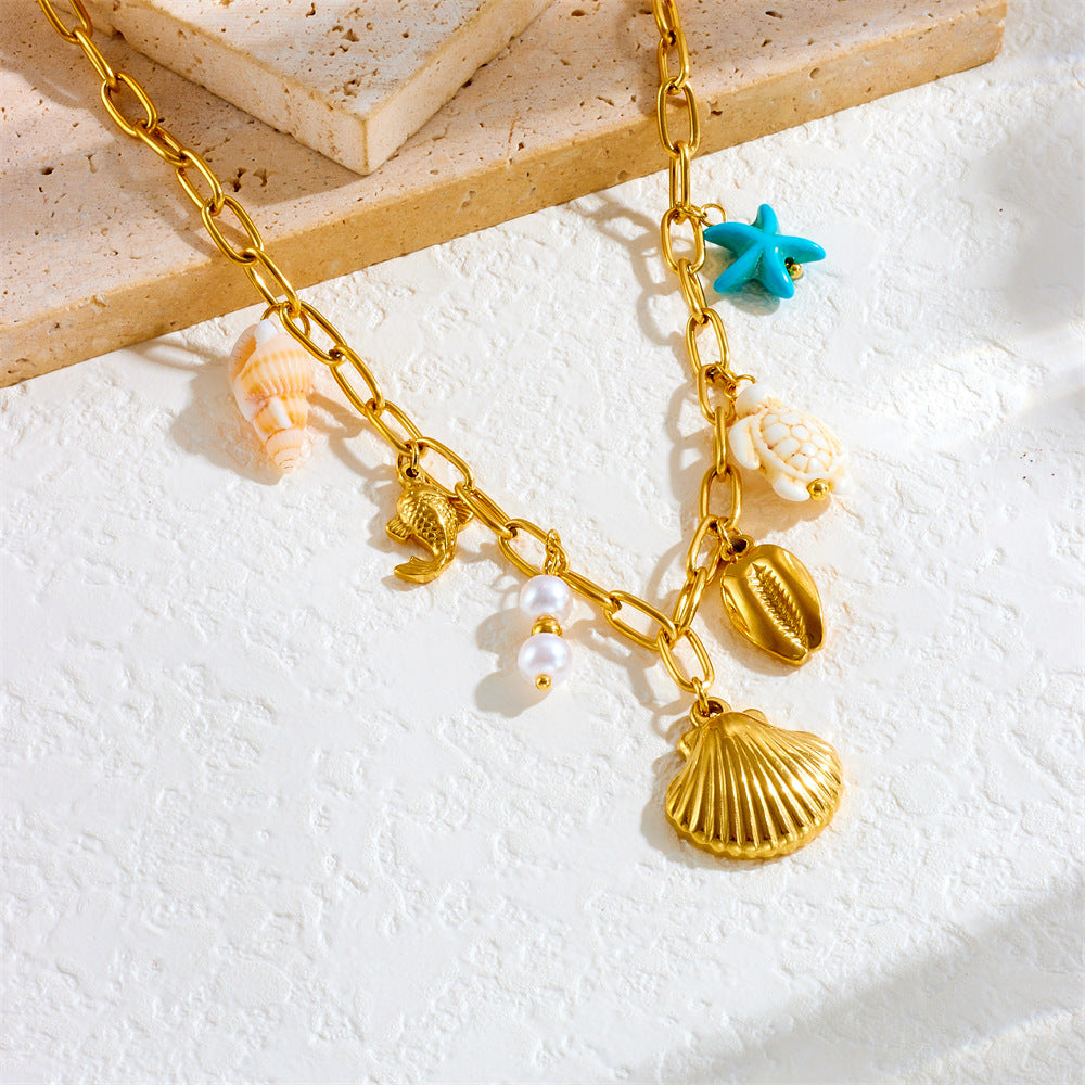 Fashion Gold Plated Stainless Steel Animal Shell Seahorse Turtle Starfish Pendant Curb Chain Necklace for Women