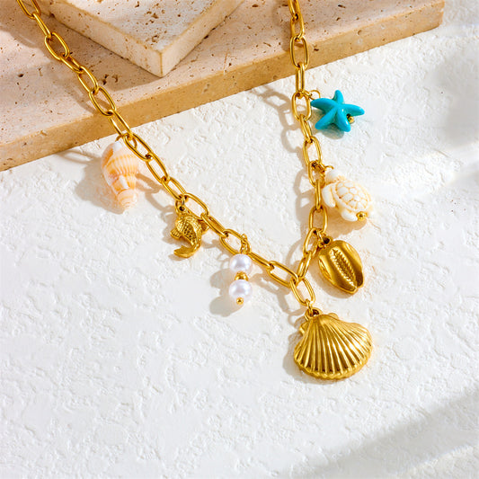 Fashion Gold Plated Stainless Steel Animal Shell Seahorse Turtle Starfish Pendant Curb Chain Necklace for Women
