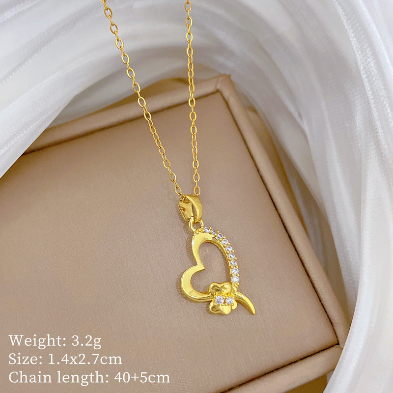 Sweet Minimalist Animal Shape Micro-Inlaid Cubic Zirconia Brass Pendant Titanium Steel Necklace for Unisex