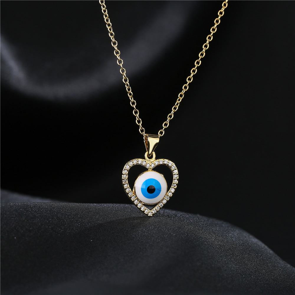 18K Gold Plated Brass Heart Star Evil Eye Pendant Necklace with Cubic Zirconia Inlay on Cable Chain