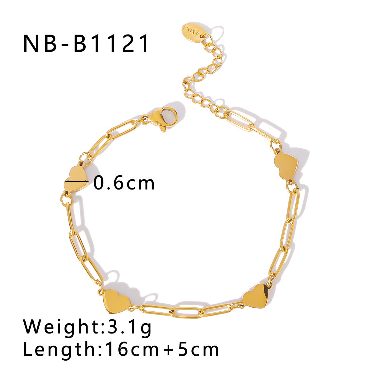 INS-Inspired Heart-Shaped Pendant Stainless Steel Bracelet with 18K Gold Plating for Women