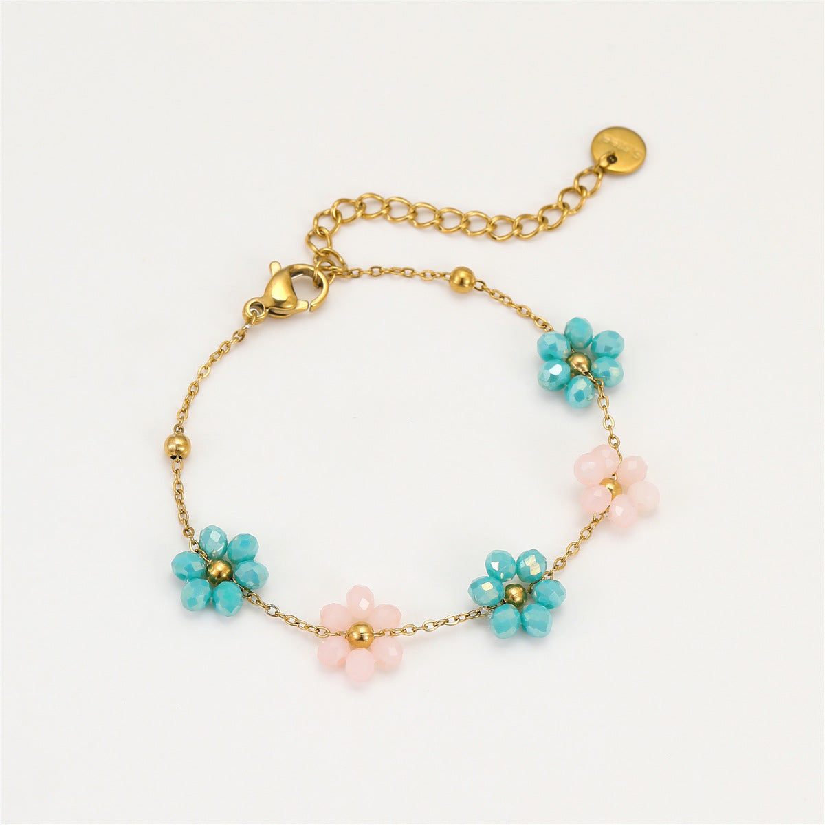 Fashionable Women's Beaded Bracelet with Colorful Flower Charms Stainless Steel Plated for Elegant Casual Wear