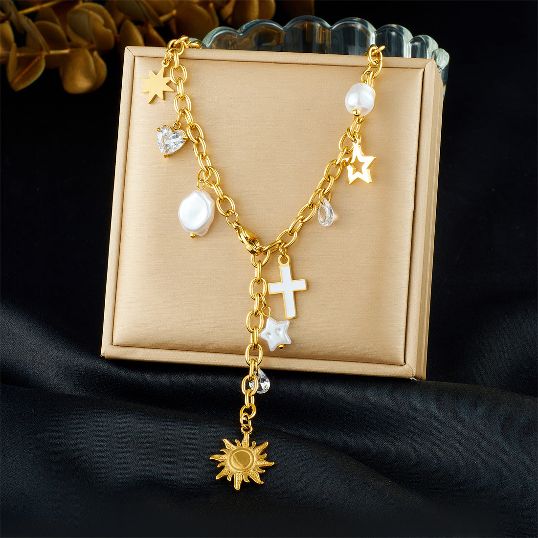 Casual Gold Plated Stainless Steel Star Cross Butterfly Pendant Necklace with Tassel Y-Chain