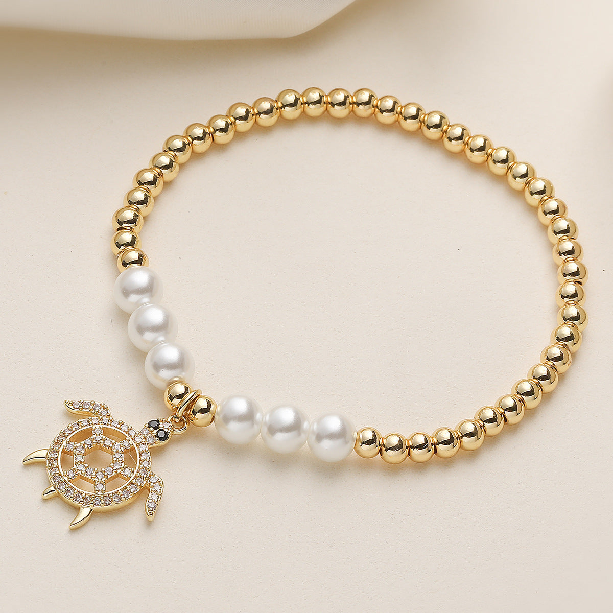 Fashion Minimalist 18K Gold Plated Brass Geometric Turtle Cubic Zirconia Pearl Ball Chain Bracelet for Women
