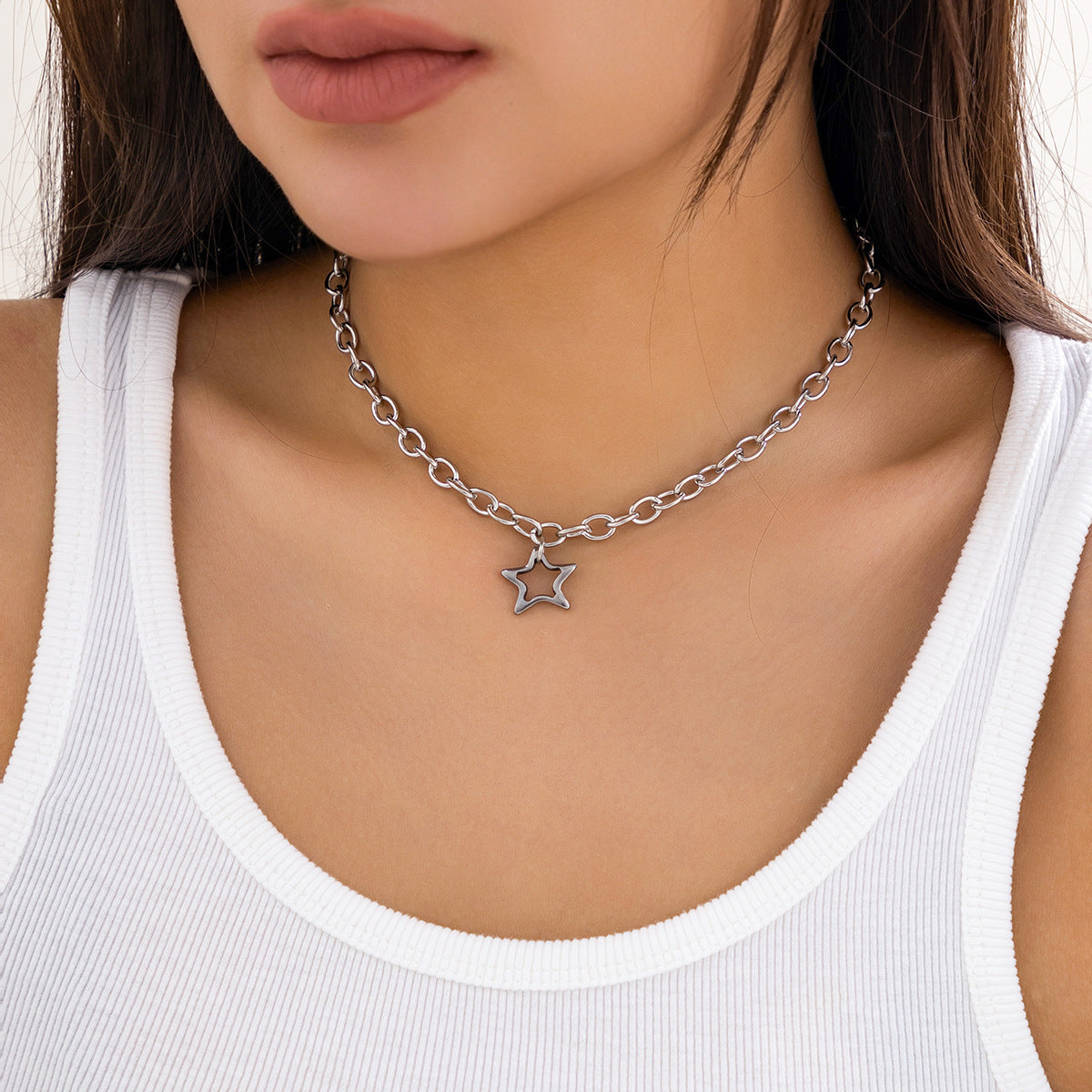 Minimalist Sweet Star Titanium Steel Plated Alloy Pendant Necklace with Curb Chain for Women