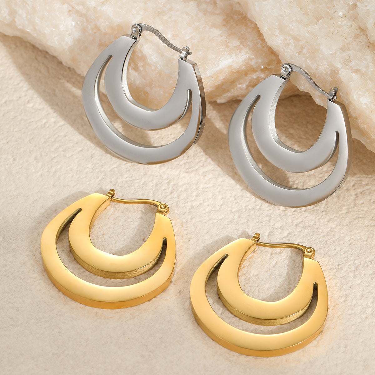 Minimalist Geometric Stainless Steel Earrings with 18K Gold Plating for Women — Fashionable Office-Ready Elegant Hoop and Circle Design