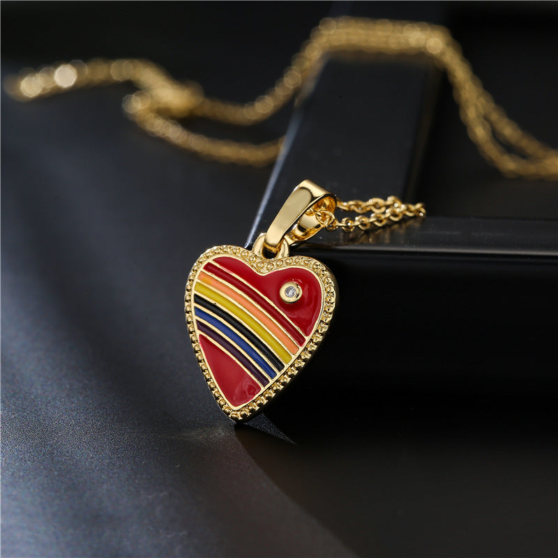 Rainbow Gradient Drip Oil Heart 18K Gold Plated Brass Necklace Cable Chain