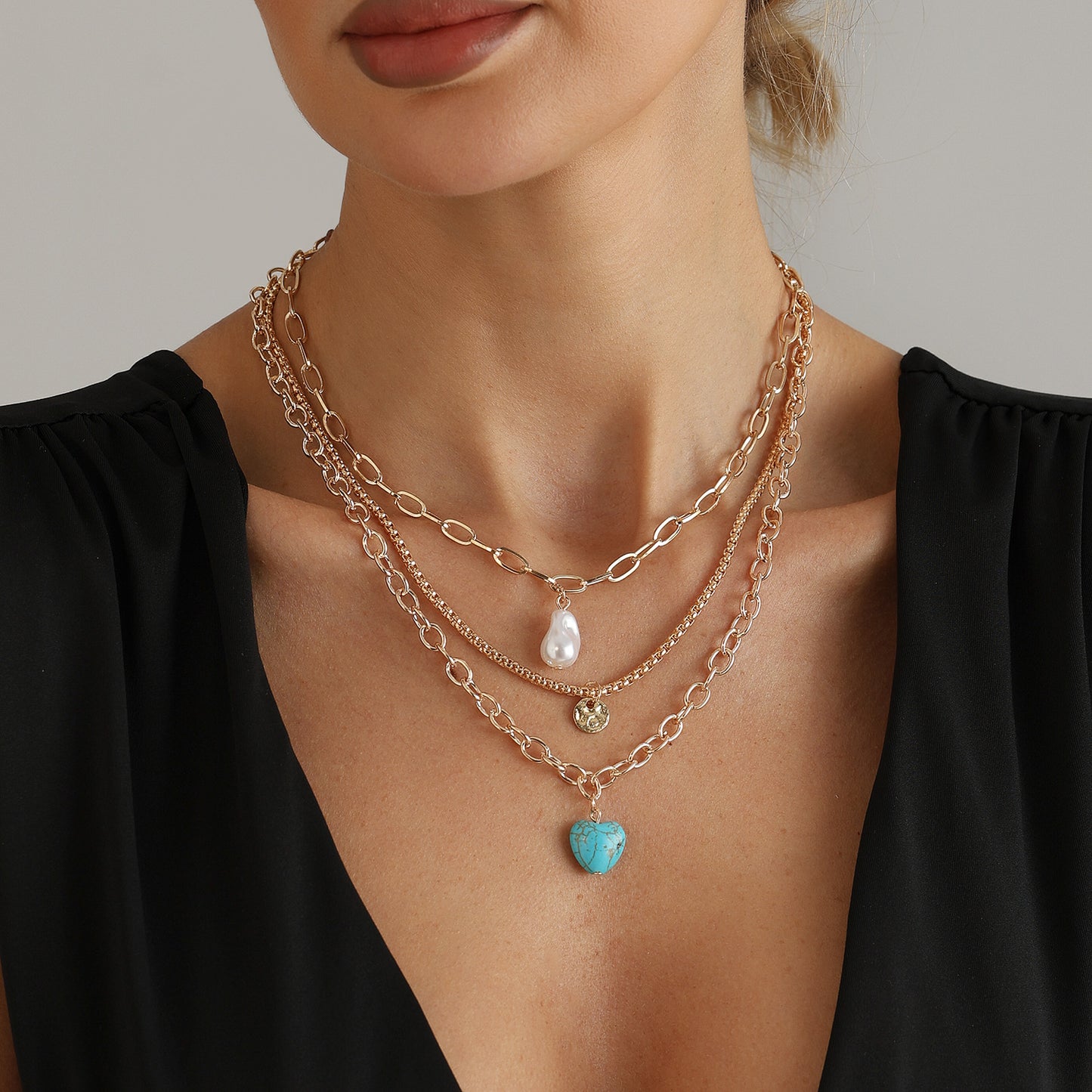 Vintage Heart Geometric Turquoise Inlay Alloy Plated Layered Necklace for Women and Men