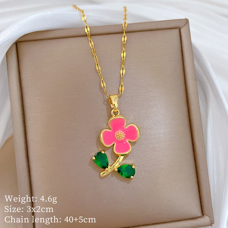 Sweet Elegant Geometric Floral Drip Oil Rhinestone Pendant Necklace Titanium Steel Cable Chain Unisex