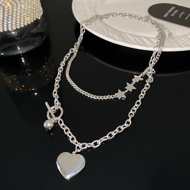 Sweet Streetwear Heart Star Geometric Titanium Steel Plated Double Layer Necklace for Unisex