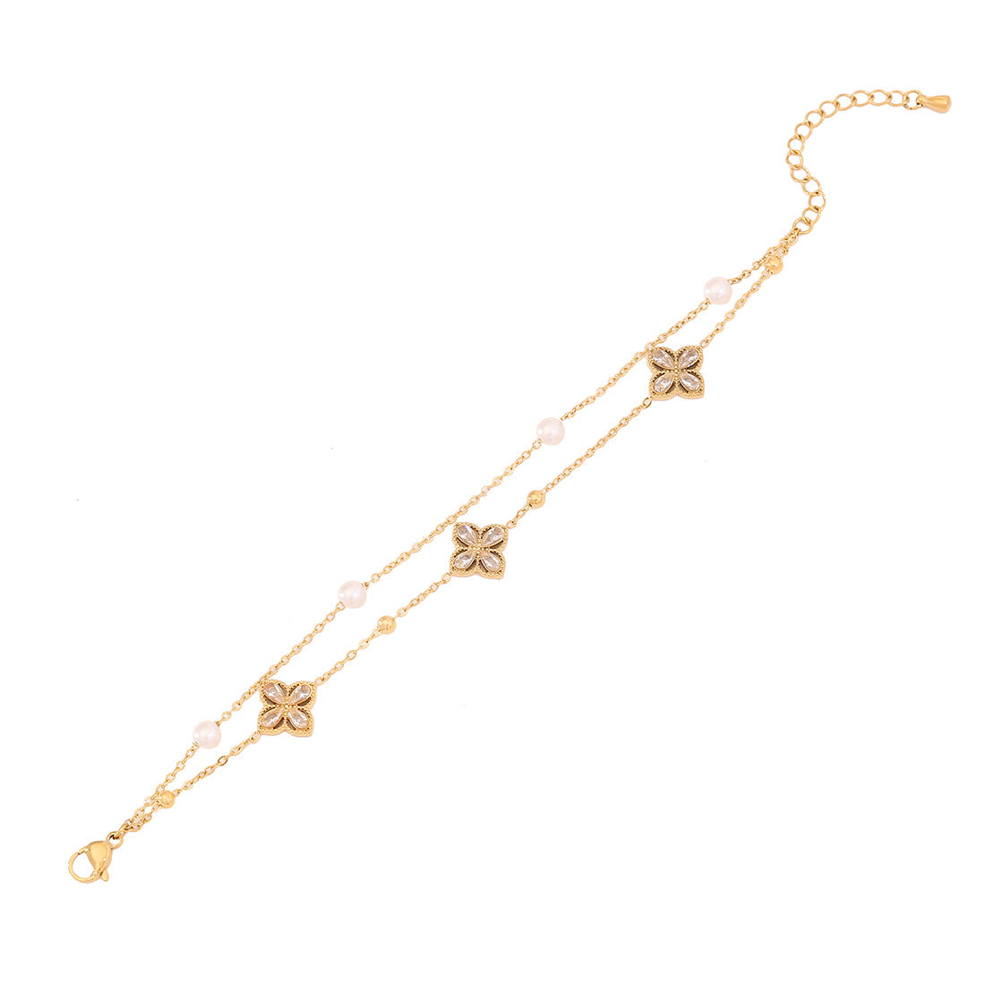 Natural Floral Pearl-Look Double-Layer Bracelet in Stainless Steel with Rhinestone Accents for Women