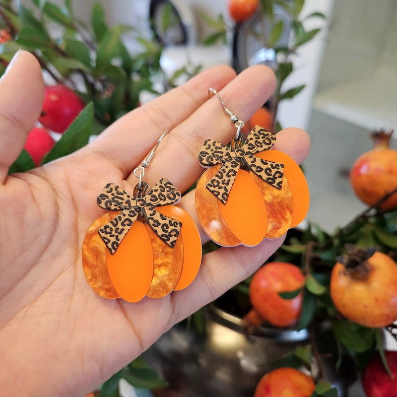 Pendientes de tuerca acrílicos bonitos con lazo de calabaza para mujer con temática de frutas, otoño, Halloween y Acción de Gracias