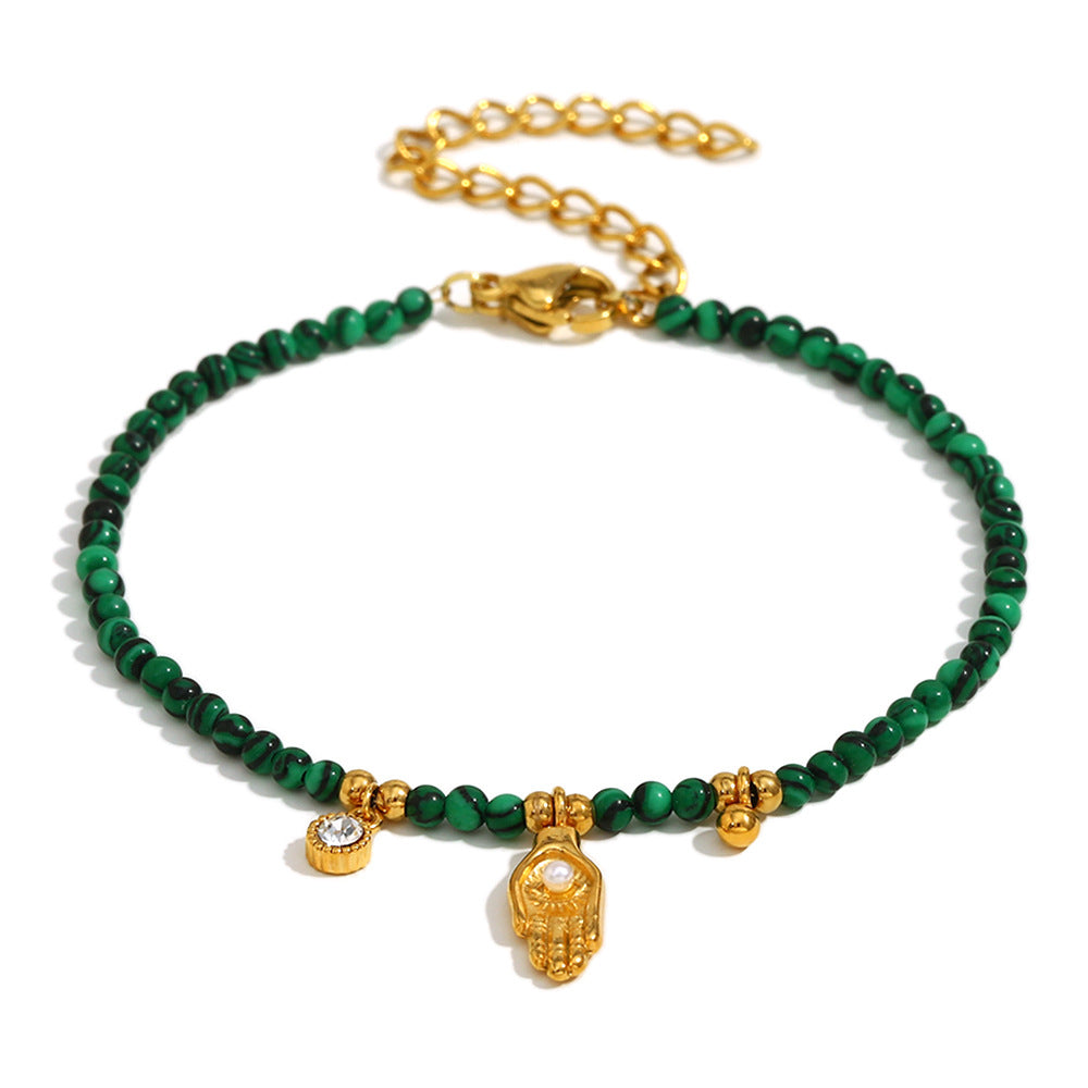 Vintage-Inspired Geometric Stainless Steel Plated with 18K Gold Hand Pendant Bracelet Featuring Natural Stone and Palm-Shaped Coin Charm